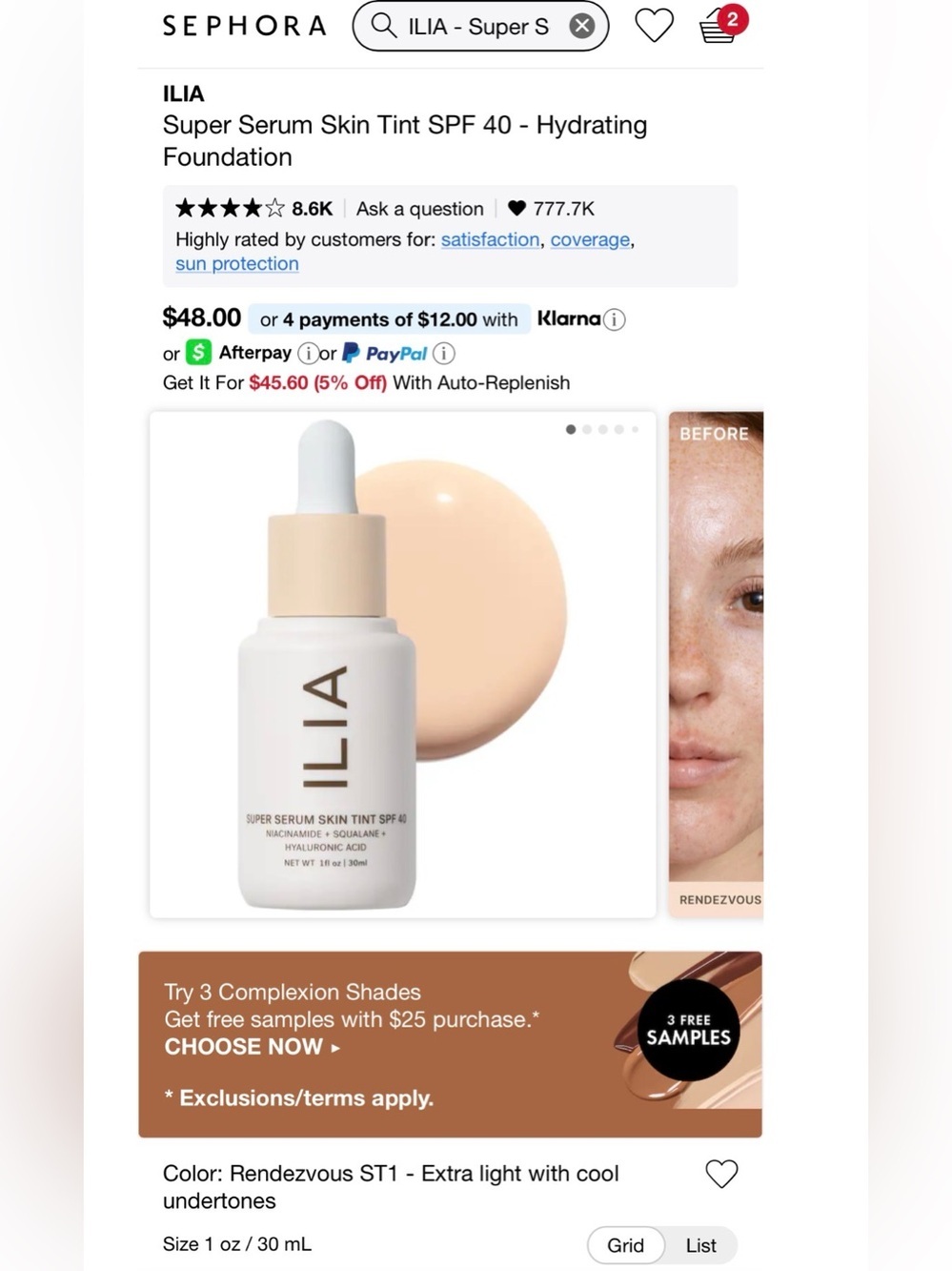 ILIA Super Serum Skin Tint SPF 40 — Light Beige